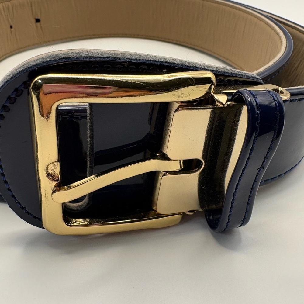 Descente Golf Belt Navy Blue Patent Leather with Gold Buckle
